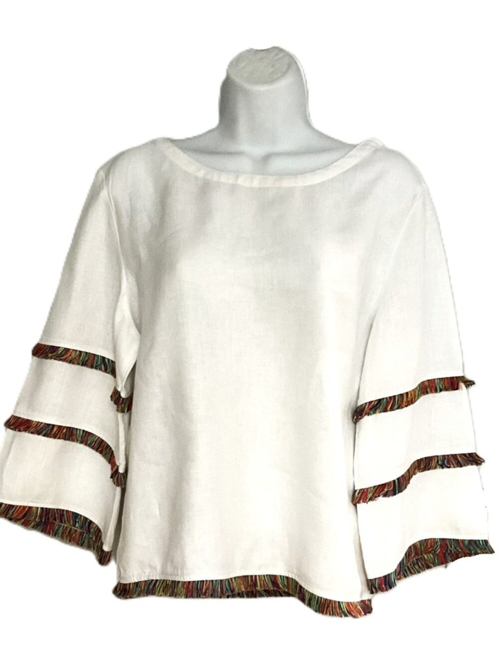 FOR CYNTHIA 100% Linen White Fringle Sleeve Top Size L